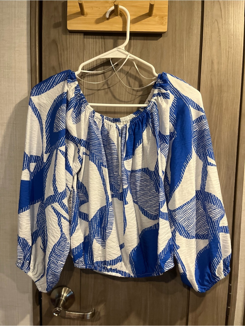 Nine West Blue and White Printed Peasant Blouse